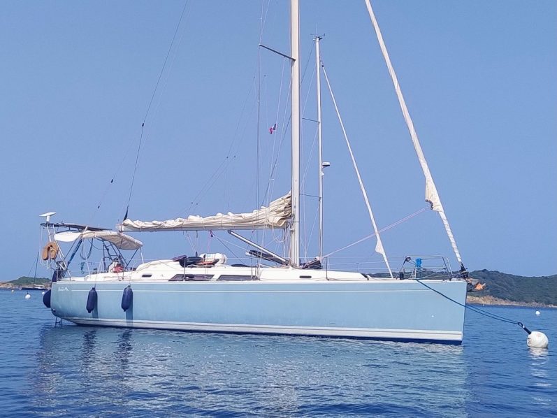 Dufour Classic 36 Performance Voile colorée sur un voilier naviguant sur une mer calme.
